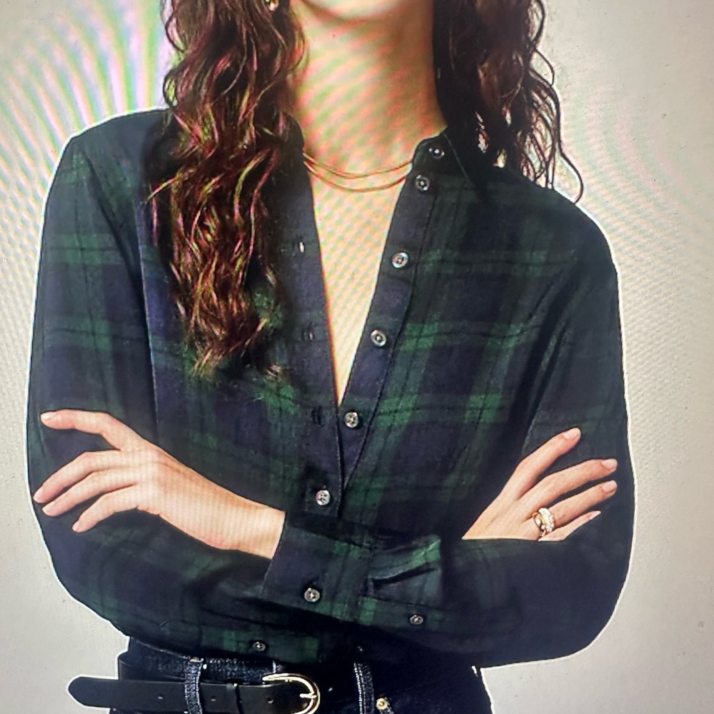 J. Crew Green and Blue Long Sleeve Mandarin Collar Blouse